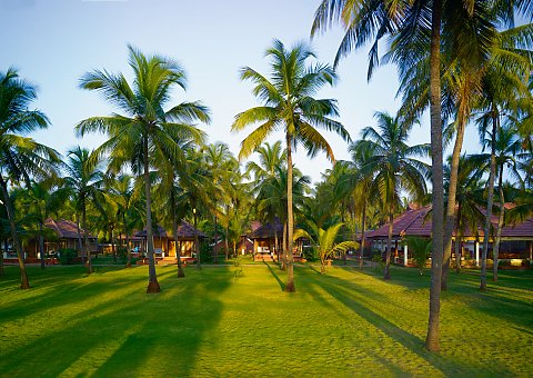 Die Bungalows des Nattika Beach Resorts befinden sich inmitten eines tropischen Gartens