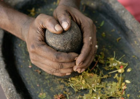 Die ayurvedischen Kräuter werden frisch gemörsert