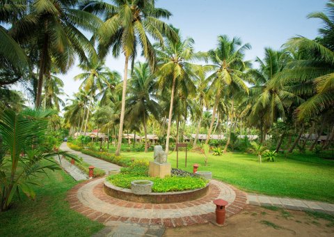 Die weitläufige Anlage des Sitaram Beach Retreat ist gesäumt von unzähligen Palmen